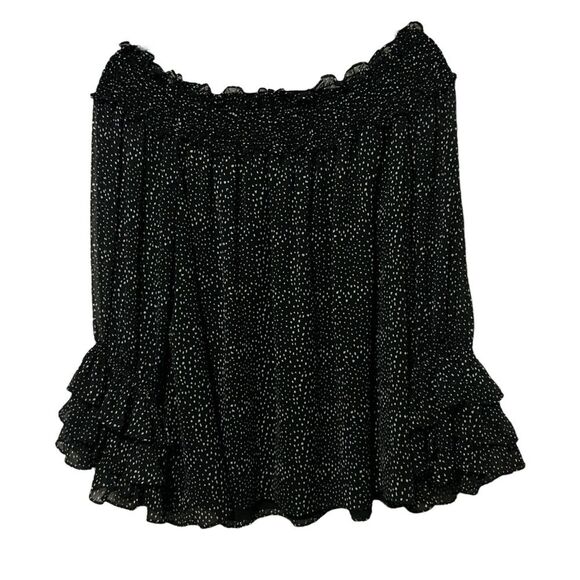 CECE NWT Black/White Dot Print Long Ruffle Sleeve Off Shoulder Chiffon Blouse L - Picture 7 of 13